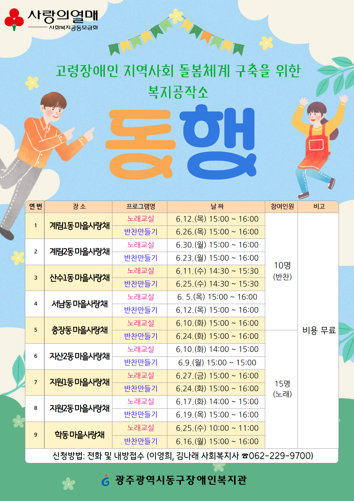 사랑의열매 사회복지공동모급회 고령장애인 지역사회 돌봄체계 구축을 위한 복지공작소 동행  1. 장소 - 계림1동 마을사랑채 프로그램명 - 노래교실 : 6.12.(목) 15:00 ~ 16:00 / 반찬만들기 : 6.26.(목) 15:00 ~ 16:00 참여인원 - 10명(반찬) 15명(노래) 비용 - 무료 2. 장소 - 계림2동 마을사랑채 프로그램명 - 노래교실 : 6.30.(월) 15:00 ~ 16:00 / 반찬만들기 : 6.23.(월) 15:00 ~ 16:00 참여인원 - 10명(반찬) 15명(노래) 비용 - 무료 3. 장소 - 산수1동 마을사랑채 프로그램명 - 노래교실 : 6.11.(수) 14:30 ~ 15:30 / 반찬만들기 : 6.25.(수)14:30 ~ 15:30 참여인원 - 10명(반찬) 15명(노래) 비용 - 무료 4. 장소 - 서남동 마을사랑채 프로그램명 - 노래교실 : 6.5.(목) 15:00 ~ 16:00 / 반찬만들기 : 6.12.(목) 15:00 ~ 16:00 참여인원 - 10명(반찬) 15명(노래) 비용 - 무료 5. 장소 - 충장동 마을사랑채 프로그램명 - 노래교실 : 6.10.(화) 15:00 ~ 16:00 / 반찬만들기 : 6.24.(화) 15:00 ~ 16:00 참여인원 - 10명(반찬) 15명(노래) 비용 - 무료 6. 장소 - 지산2동 마을사랑채 프로그램명 - 노래교실 : 6.10.(화) 14:00 ~ 15:00 / 반찬만들기 : 6.9.(월) 15:00 ~ 15:00 참여인원 - 10명(반찬) 15명(노래) 비용 - 무료 7. 장소 - 지원1동 마을사랑채 프로그램명 - 노래교실 : 6.27.(금) 15:00 ~ 16:00 / 반찬만들기 : 6.24.(화) 15:00 ~ 16:00 참여인원 - 10명(반찬) 15명(노래) 비용 - 무료 8. 장소 - 지원2동 마을사랑채 프로그램명 - 노래교실 : 6.17.(화) 14:00 ~ 15:00 / 반찬만들기 : 6.19.(목) 15:00 ~ 16:00 참여인원 - 10명(반찬) 15명(노래) 비용 - 무료  9. 장소 - 학동 마을사랑채 프로그램명 - 노래교실 : 6.25.(수) 10:00 ~ 11:00 / 반찬만들기 : 6.16.(월) 15:00 ~ 16:00 참여인원 - 10명(반찬) 15명(노래) 비용 - 무료 신청방법: 전화 및 내방접수 (이영희, 김나래 사회복지사 ☎062-229-9700) 광주광역시동구장애인복지관