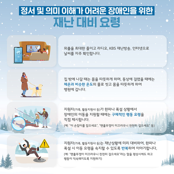 한국장애인개발원이 겨울철 한파 및 폭설에 대비해 ‘장애인 재난안전가이드 카드뉴스 2호(한파·폭설 대비)’를 발행했다고 8일 밝혔다.ⓒ한국장애인개발원
