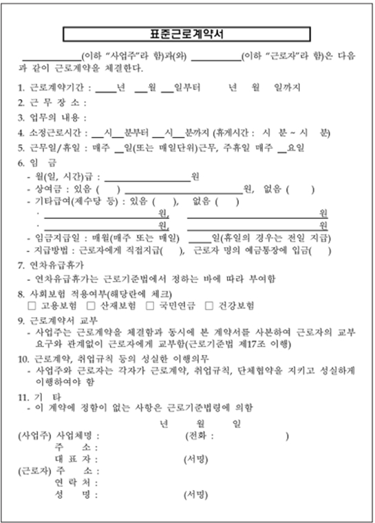 표준근로계약서 양식. ©한국장애인고용공단